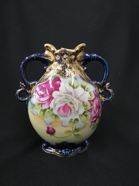 Pre-Nippon Handpainted Porcelain Vase,: floral, cobalt, and gold trim, handled, openwork top, 7.5", excellent.