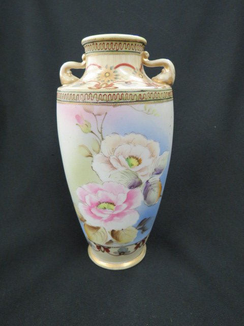 Nippon Handpainted Porcelain Vase,: floral, Art Deco trim, handled, signed, 10", excellent.