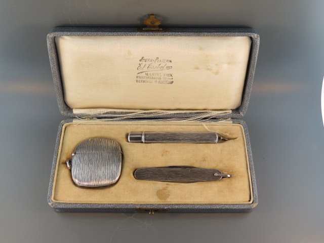 European Silver Gentleman's Suite,: match safe, pen knife and toothpick holder by EL Eribold, .800 fine, original box, excellent.