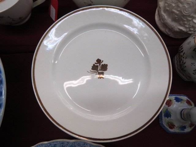 12 Meakin Copper Tea Leaf Ironstone Plates,: 9.5", 19th century, a fine set...Tea leaf ironstone dishes are named for their decorations. There was a superstition that it was lucky if a whole tea leaf unfolded at the bottom of your cup. This idea