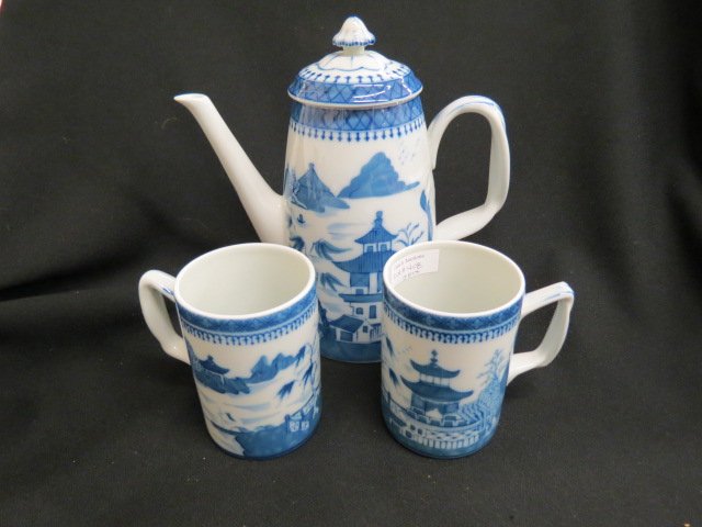3 pcs. Mottahedeh "Blue Canton" Porcelain,: 9" coffee pot and 2-4" mugs, excellent.