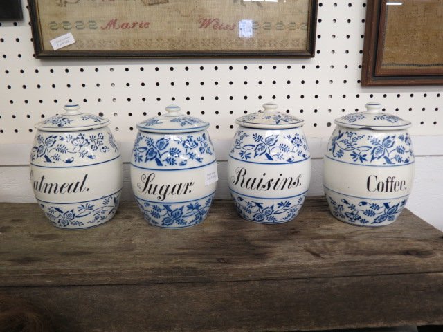 4 German Pottery Cannisters,: blue onion pattern, barrel shape, 6.5", most have loss.