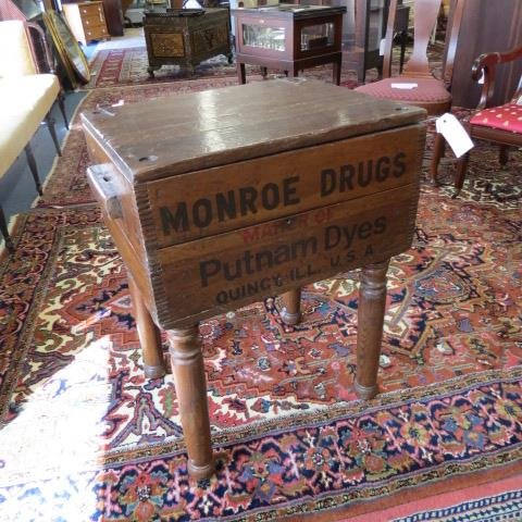 Putnum Dye Dovetailed Box,: on stand, Monroe Drugs, Quincy, Ill, 30" tall, 24" wide, 19th century.