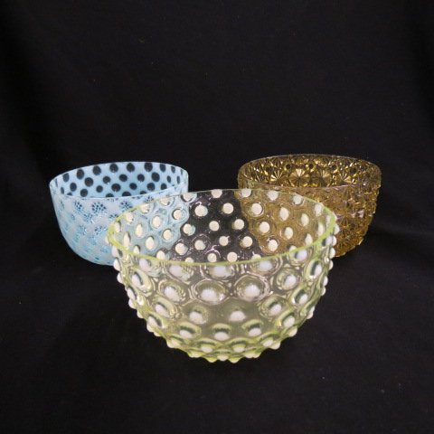 3 Victorian Art Glass Bowls,: opalesent, hobnail, daisy and button, 5".
