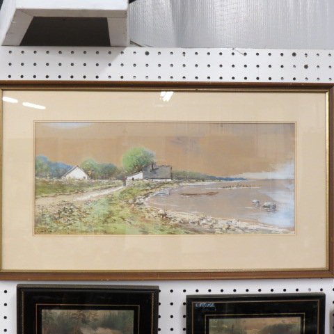 Compton, watercolor and gouache,: farm along the shore, image area 21" x 10", possibly Caroline Russell Compton was active/lived in Mississippi.