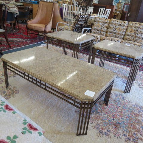 Set of 3 Stone Top Metal Tables, (1 of 2)