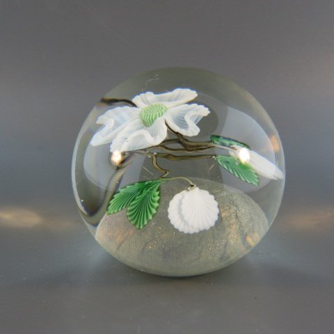 Orient and Flume Art Glass Paperweight,: floral by G. Jones, #11 of 250, 1986, 2.25"....Orient & Flume produces fine art glass for the collector. These signed pieces capture nature's inspiration in both iridescent and crystal clear glass. Na