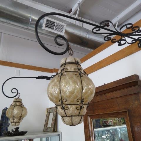 Pair of Art Glass and Wrought Iron Outdoor Lights, (1 of 1)