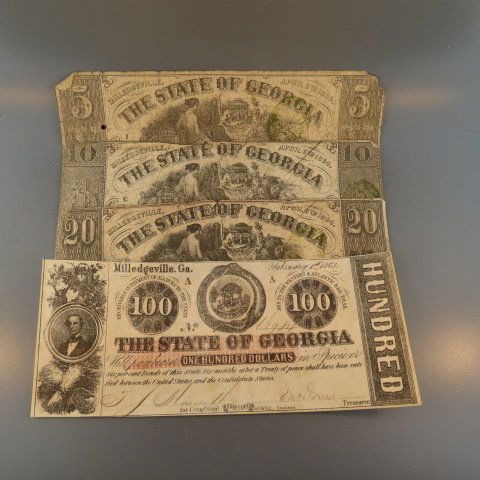4 pcs. Confederate Currency from Milledgeville, (1 of 4)