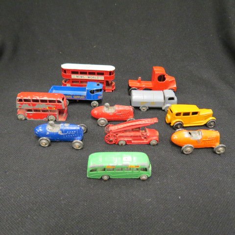 11 Old Toosietoy & Leslie Cars and Trucks,: mostly 2 to 2.5" long, good paint.