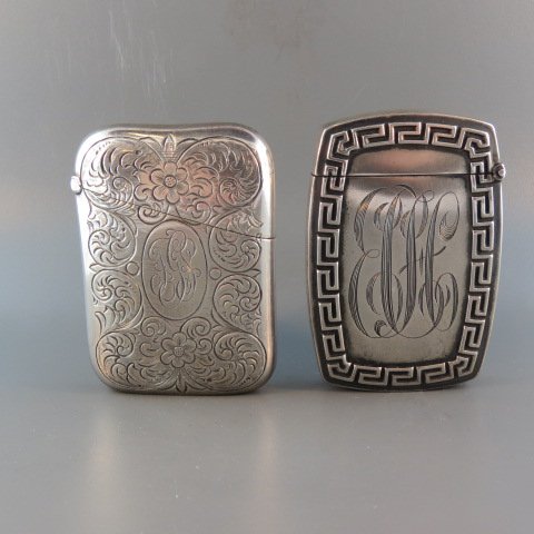 2 Sterling Silver Match Safes,: engraved floral and "Greek Key", both by Battin and Company, 1.75" x 2.5".
