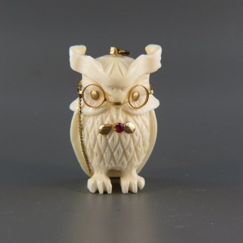 Carved Ivory and 14k Figural Owl Pendant, (1 of 4)