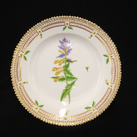 Royal Copenhagen "Flora Danica" Porcelain Plate,: handpainted, fancy gold "picket" border, 7.5"...Hold a little history in the palm of your hand. Flora Danica is one of the world´s most prestigous and luxurious porcelain collections. Dating from the