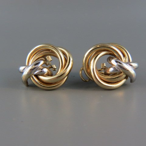 14k Gold Knot Earrings, yellow and white gold, (1 of 2)