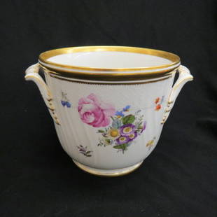 Royal Copenhagen Handpainted Porcelain Planter,: or cache pot, floral bouquet and sprays, handled, gold trim, 9.5" x 6.5"... 1775, The Royal Danish Porcelain Manufactory was founded by Frantz Heinrich Müller, a pharmacist experimenting with porcela