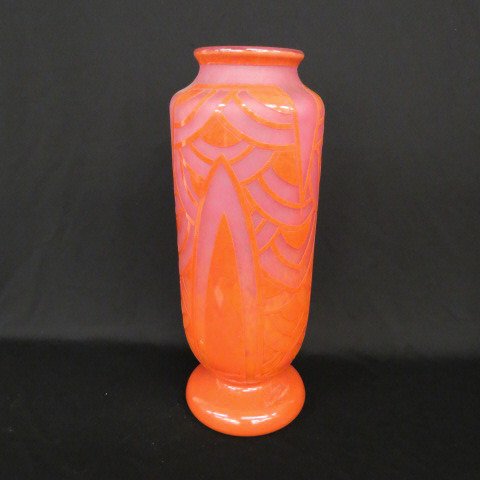 Schneider Charder French Cameo Glass Large Vase,: signed Charder, Le Verre Francias, Art Deco orange cameo designs on light amethyst to orange field, 19.5", drilled for a lamp base.....Schneider Glass was a French glass firm founded by brothers Ernes
