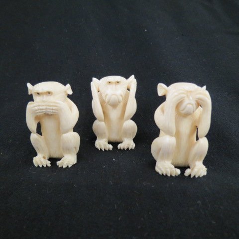 3 Carved Ivory Figurines of Monkeys, (1 of 2)