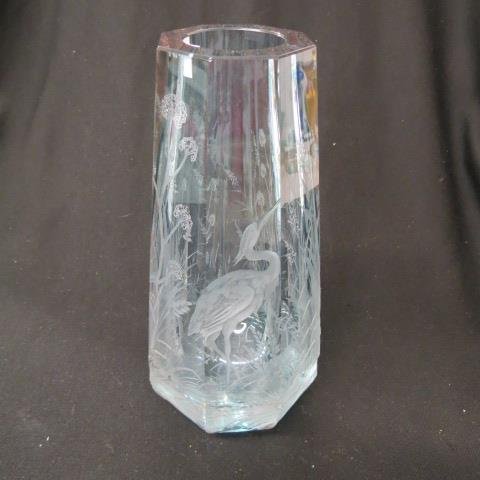 Moser Art Glass Vase with Heron and Foliage, (1 of 5)