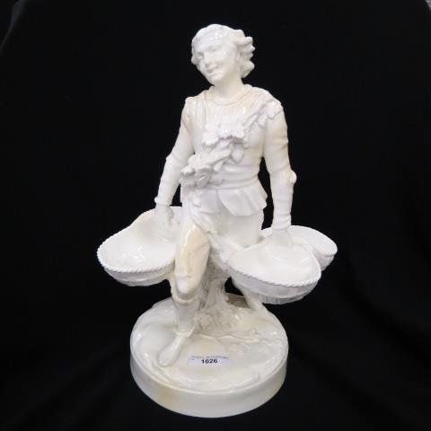 Minton Porcelain Figurine of Young Man,: carrying baskets, white glaze, 19th century, restoration, 15" tall.