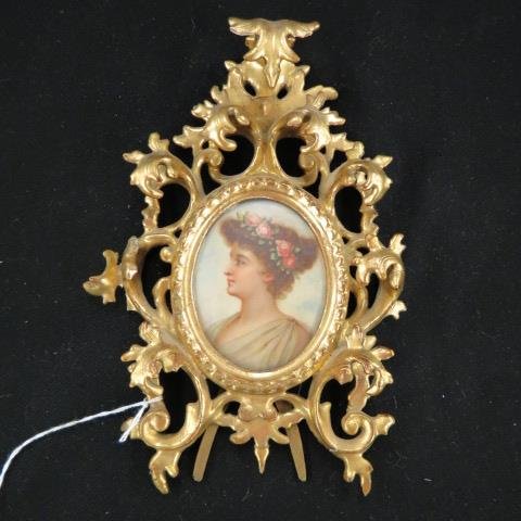 Painting on Porcelain Plaque of Empress Thedora,: 2.5" x 3.5" in elaborate Italian gilt wood frame...Theodora was the wife of Justinian I who was crowned Emperor of the Byzantine Empire in 527 AD. As his wife, she ruled by his side, as his partner, a