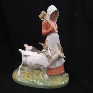 Royal Copenhagen Porcelain Figurine,: of a girl with goats, #694, 8.75" x 7.5", early mark... 1775, The Royal Danish Porcelain Manufactory was founded by Frantz Heinrich Müller, a pharmacist experimenting with porcelain. He was looking