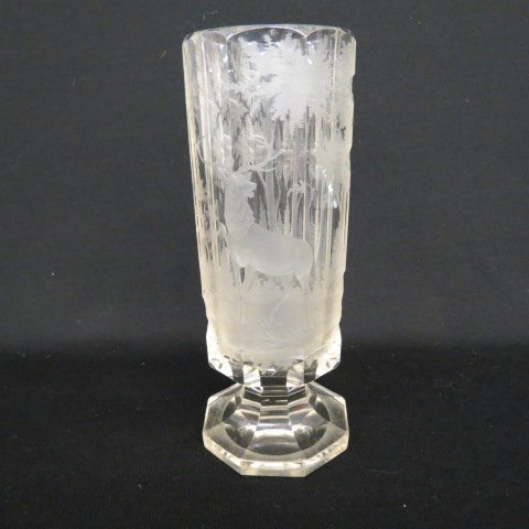 Bohemian Intaglio Glass Vase,: pedestal base, octagon shape, deer in forest, 19th century, 9".