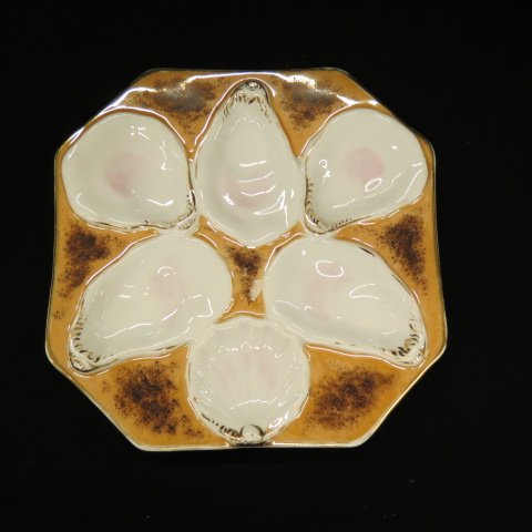 Victorian Porcelain Oyster Plates,: shell decor, orange and brown field, 8".