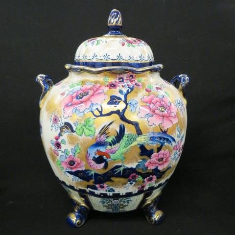 English Ironstone Jar,: elaborate bird and floral, footed, cobalt and gold trim, late 19th century, 11" tall.