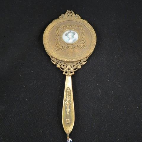 French Bronze Hand Mirror with Miniature Painting (1 of 4)