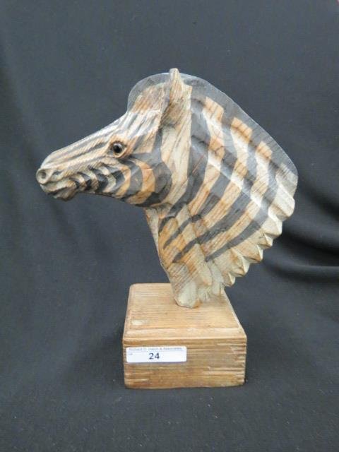 Carved Pine & Painted Zebra Head,: glass eyes, 9 1/" tall.