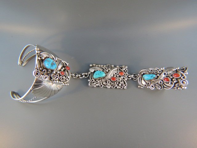 Navajo Indian Turquoise & Coral Sterling Bracelet, (1 of 4)