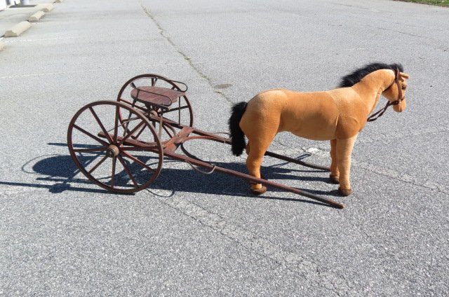 Antique Toy Sulky,: wooden wheels, original paint, with later plush toy horse for display