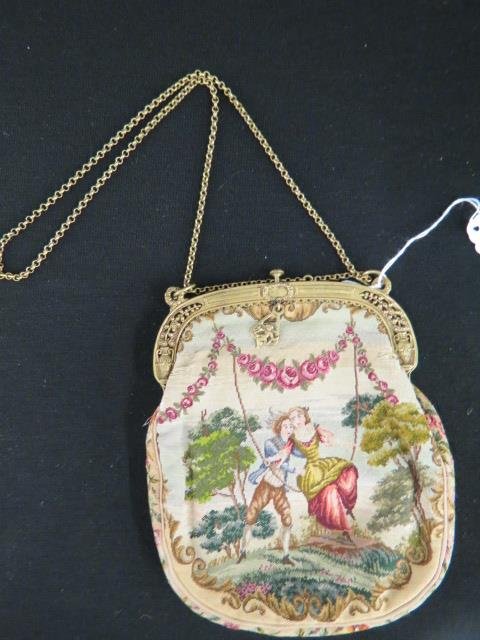 French Pettipoint Purse,: young couple & swing, garland above, cupid on clasp, 7", circa 1910.