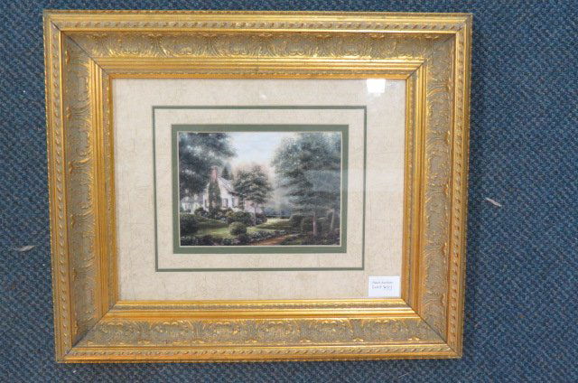 Thomas Kincade Print,: house at twilight, image area 6" x 8", in fine gold frame.