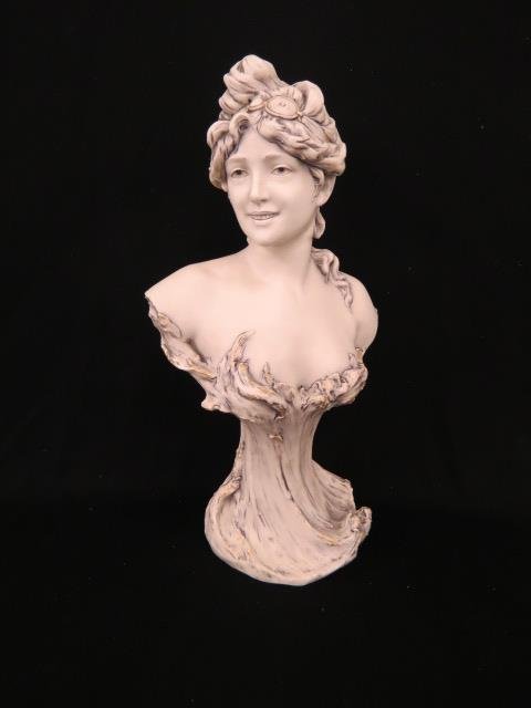 Royal Dux Porcelain Art Nouveau Bust: of a lady, wave style base, gold highlights, 18" tall, excellent, older triangle mark....Royal Dux is the more common name for the Duxer Porzellanmanufaktur, which was founded by E. Eichler in Dux, Bo