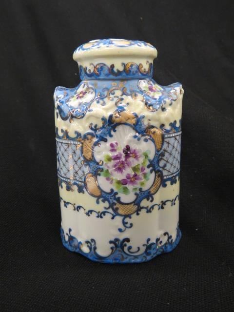 Pre-Nippon Porcelain Tea Caddy,: handpainted florals, ribbed body, 5 1/2", excellent.