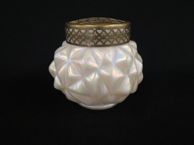 Loetz Art Glass Vase,: brass flower arranger top, blown-out diamond decor on iridescent pearlized body, 5 1/4" tall, 6" diameter.Loetz glass was made in many varieties. Johann Loetz bought a glassworks in Austria in 1840. H