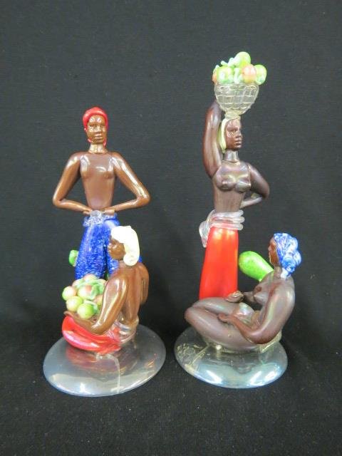 Pair of Venetian Art Glass Figurines of Islanders: with baskets of fruit, tallest 12 1/4", repaired bases, scarce, a 1924 wedding gift, broken handle on sword, repairs at bases.