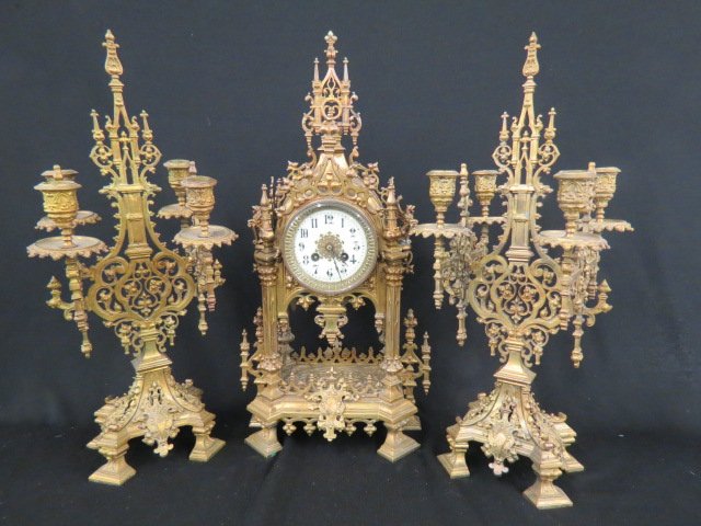3 pc. 19th Century Clock and Garniture Set, (1 of 7)