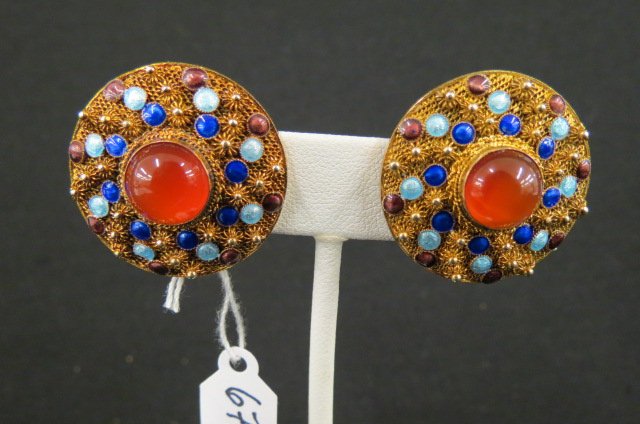 Chinese Enamel Silver & Carnelian Earrings,: vintage clip style, 1" diameter.