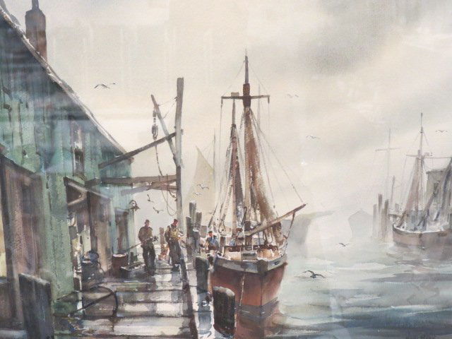 John Cuthbert Hare, watercolor,: New England dock scene, well listed artist, 1908-1978, image area 17" by 22"....Biography from the Archives of askART John Cuthbert Hare, 1908-1978, was a watercolorist who painted boats, seascapes an