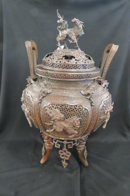 Large Oriental Bronze Censer, fancy openwork, (1 of 5)