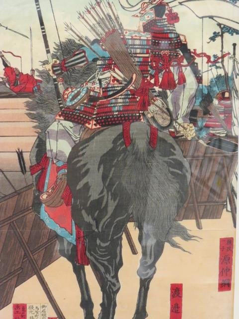 Japanese Woodblock,: samurai warrior on horseback, fine detail and colors, image area approx 10" by 14"