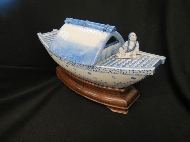 Chinese Blue & White Porcelain Figural Ship Box, (1 of 4)