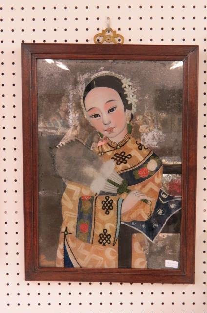 Chinese Export Painting on Glass,: young woman with fan, reverse painted, circa 1840, image area 14" x 20".