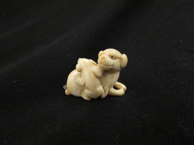 Carved Ivory Netsuke of Foo Dog & Pup, (1 of 4)