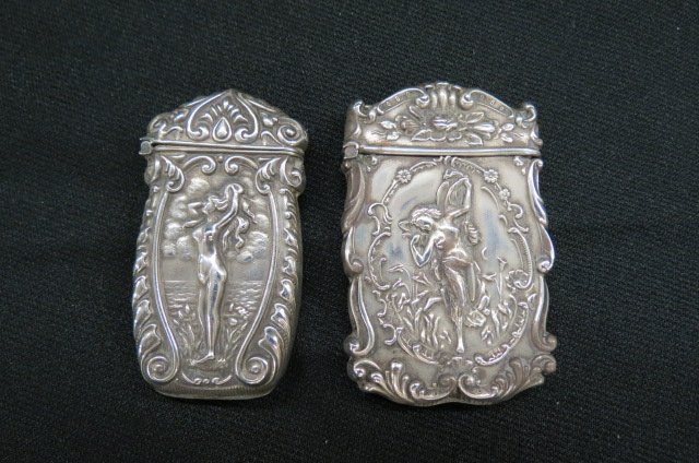 2 Art Nouveau Sterling Match Safes,: nude woman and frolicking maidens, largest is 1 3/4" x 2 3/4", by F.S. Gilbert, circa 1890's....Vesta cases, vesta boxes, or pocket match safes or matchsafes were small portable boxes made in a great 