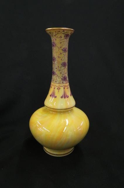 Loetz Art Glass Vase,: fine enameled neck on marbleized swirling body, cased, unsigned, 10" tall, excellent....Loetz was the premier Bohemian art glass manufacturer during the Art Nouveau period (or Jugendstil, as it was ca