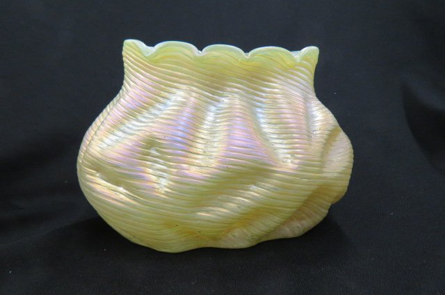 Loetz Art Glass Vase,: iridescent ribbed sack form body, vaseline opalescent, 6" tall, 8 1/2" wide, unsigned, excellent...Loetz was the premier Bohemian art glass manufacturer during the Art Nouveau period (or Jugendstil, a