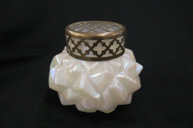 Loetz Art Glass Vase,: deco geometric shape, cased, iridescent finish, original brass flower arranger cover, 3 1/2", unsigned, excellent...Loetz was the premier Bohemian art glass manufacturer during the Art Nouveau period